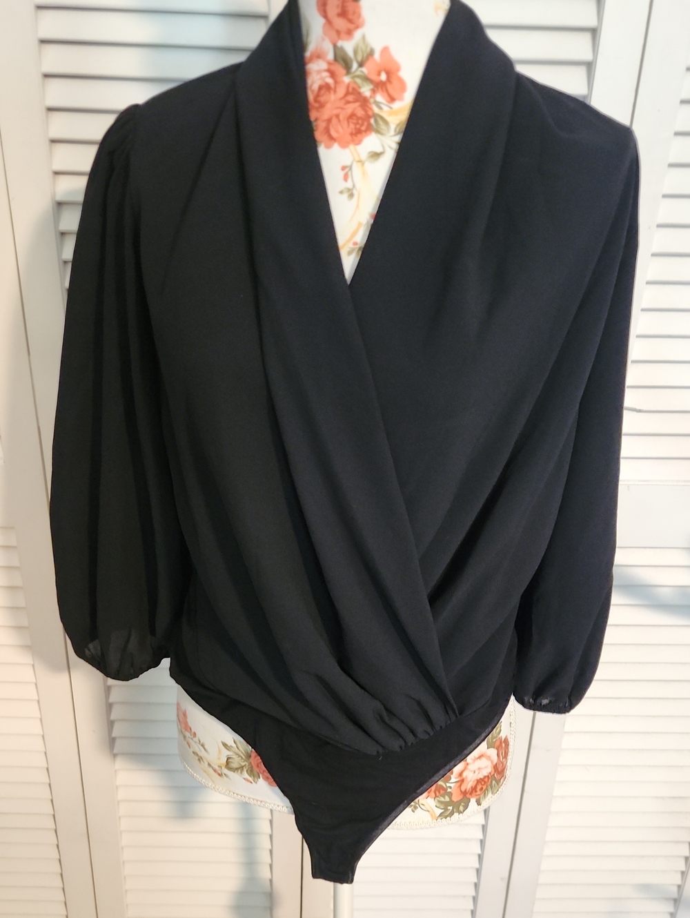 Bisou Bisou Black Draped Surplice Bodysuit